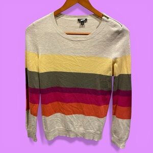 Cute lightweight oatmeal rainbow stripe lambswool sweater Talbots zip shoulder